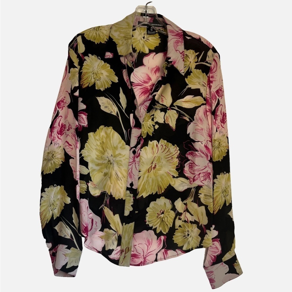 Linda Allard Ellen Tracy 100% Silk Blouse Black Bright Floral Size 10 MSRP$220
